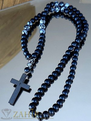  Класика - стоманен кръст 5 на 3,5 см с молитва  на колие в 3 дължини с черен оникс мат и обсидиан 8 мм  - MK1528